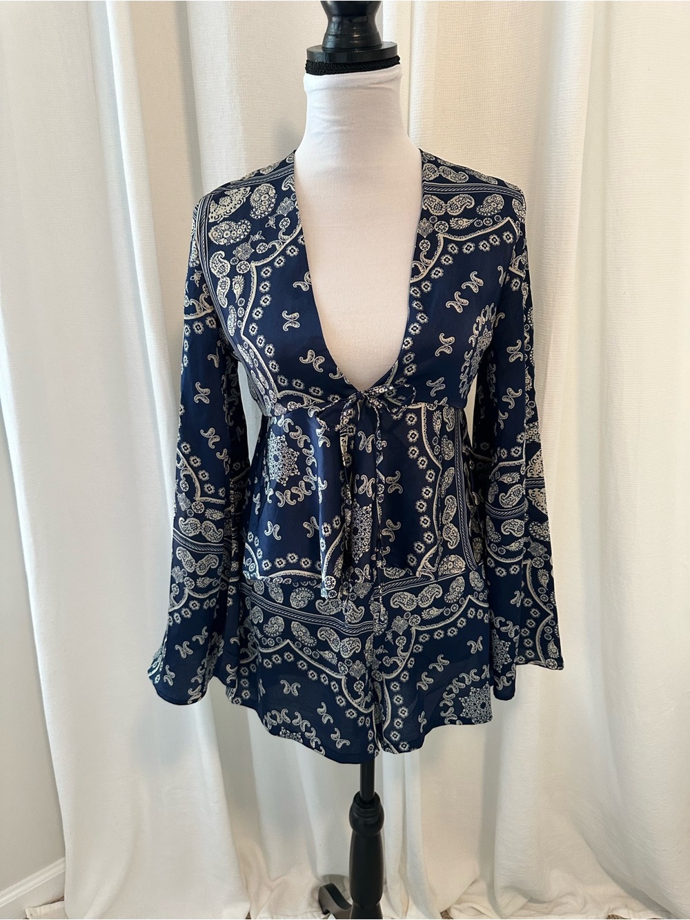 Women’s Navy Paisley Tie-Front Top and Shorts Set